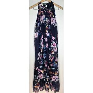 BELLAMBIA Silk Navy‎ Floral Halter Tiered Maxi Dress XL Lined Summer Boho Italy